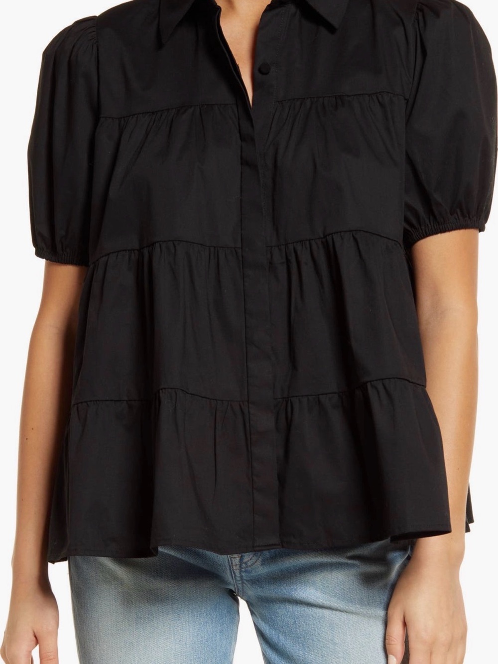 Wayf Black Puff-Sleeve Tiered Button-Front Blouse